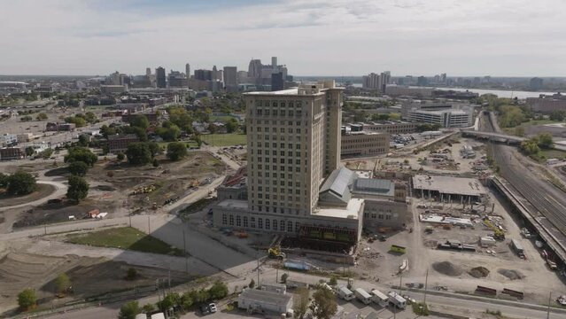 4K Aerial Michigan Central Station in Detroit Right to Left