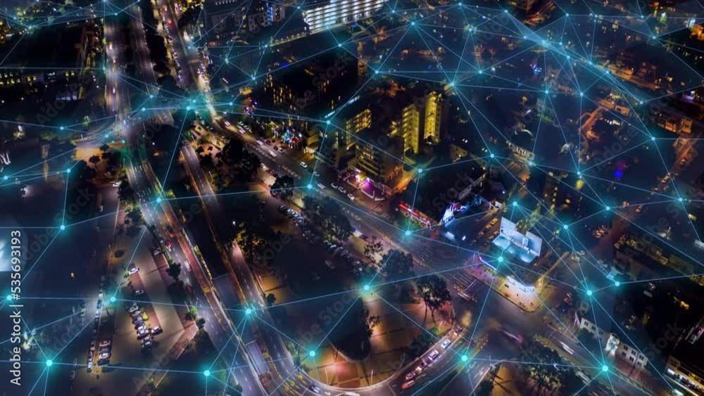 Poster futuristic cityscape overlay, network transportation and building planning with a drone overlap time
