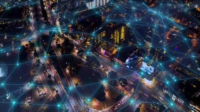 Futuristic cityscape overlay, network transportation and building planning with a drone overlap time lapse effect. Futuristic 5g data connection, city hologram and future communication infrastructure - Powered by Adobe