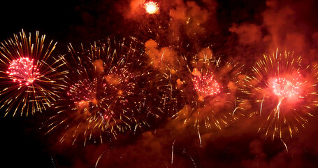 Red Firework celebrate anniversary happy new year 2023, 4th of july holiday festival. red firework in night time celebrate national holiday. Countdown to new year 2023 festival party time event