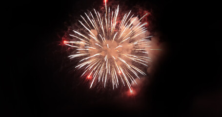Fototapeta premium Colorful vibrant Firework celebrate anniversary happy new year 2023, 4th of july holiday festival. colorful firework in the night time to celebrate national holiday. countdown new year 2023 party time