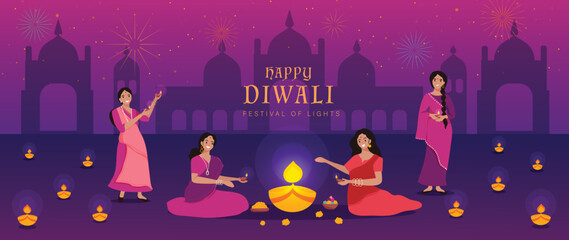 Happy Diwali light festival background vector. Diwali festival wallpaper design with golden floating lights, Indian women, building, fireworks. Cultural design for celebration, greeting, card.  