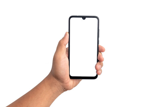 mockup image man hand holding black frame smartphone. blank screen smartphone for mockup image. isolated on white background