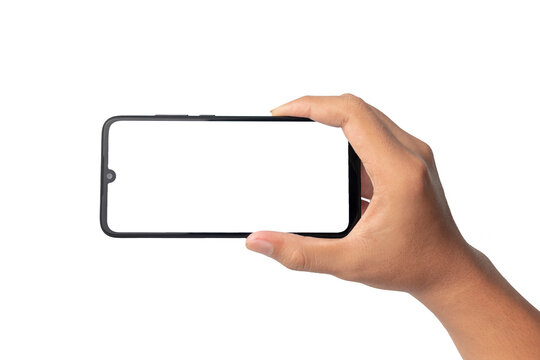 mockup image man hand holding horizontal black frame smartphone. blank screen smartphone for mockup image. isolated on white background