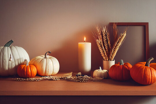 Autumn, Thanksgiving, harvest concept Nordic kitchen interior with picture frame mockup, tray with vase of dry wheat, candle, pumpkins on white table. Fall Theme still life.