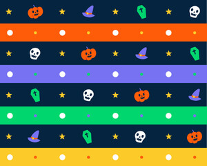 Cute Happy Halloween Horizontal Line Stripe Dot Dash Line Circle Seamless Pattern ghost, skull, pumpkin, coffin, witch hat