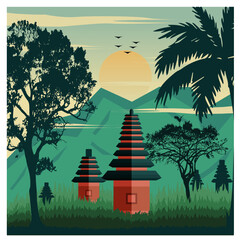 Balinese temple in the jungle against the backdrop of the mountains in a flat style