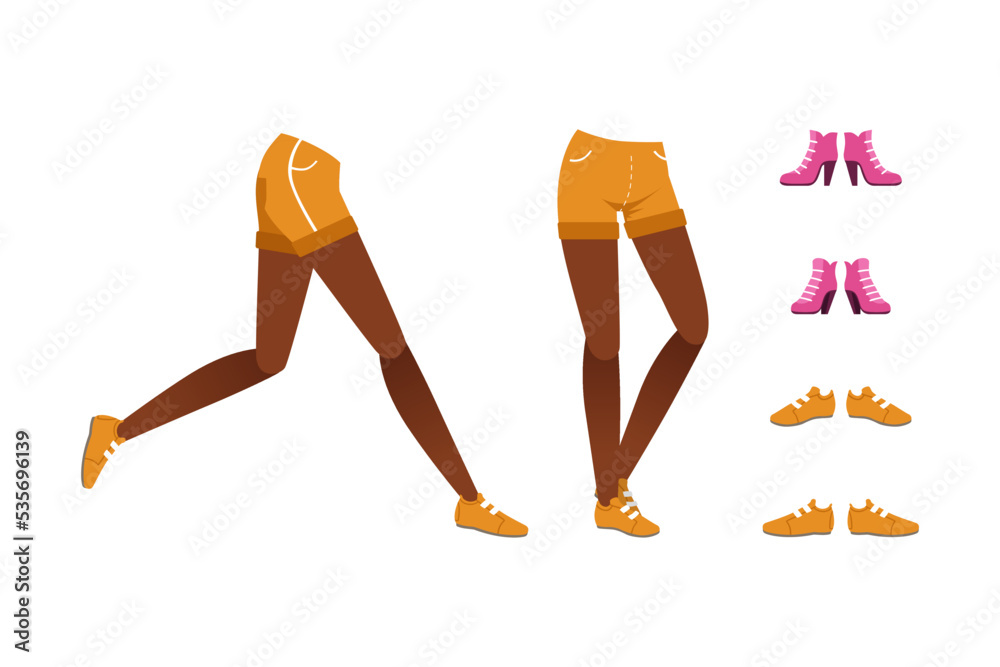 Wall mural legs of african american girl in shorts and shoes collection. constructor for animation cartoon vect