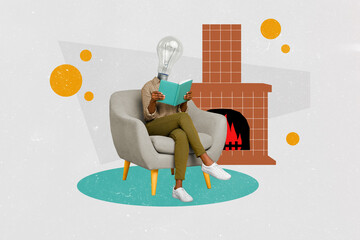 Creative photo 3d collage poster postcard artwork of human man woman body sit stool read literature...
