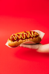 Hand holding an American Hotdog