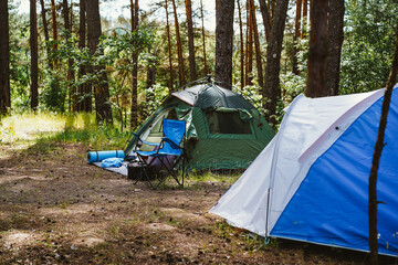 Tourist camp. Tents and folding chairs in a pine forest at dawn