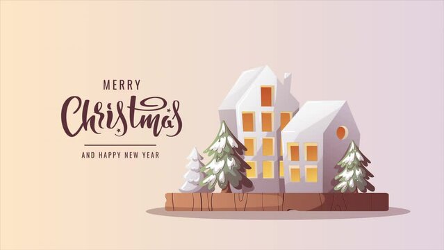 Video card with Decorative houses. Merry Christmas, cozy winter, New Year, home comfort, holidays concept. Animation video.