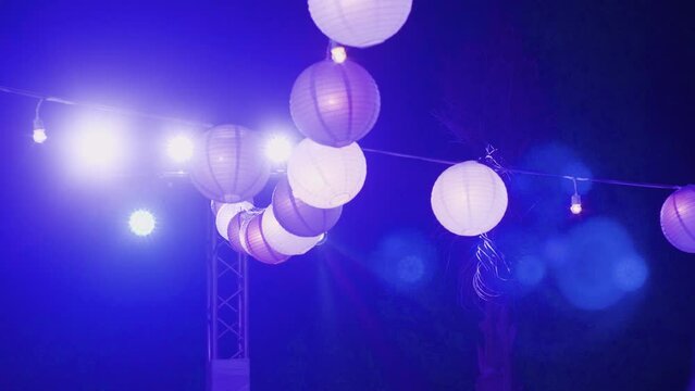 Outdoor Wedding Ceremony With Decorative Beautiful Paper Lanterns. Low Angle