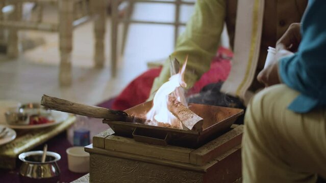 Graha Shanti Pooja Fire Ritual For Indian Pre-Wedding Ceremony. Closeup