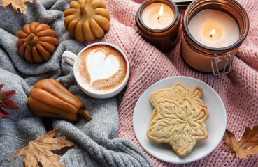 Fall flat lay with coffee and autumn decor