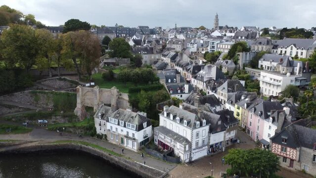 drone pans over the stunning city of auray in france