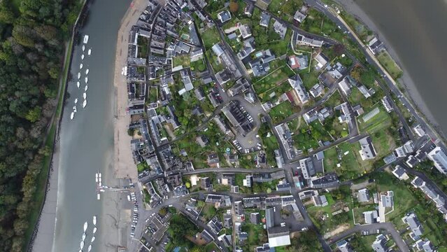 the lovely town of auray in france, old town surrounded by river, with drone from above