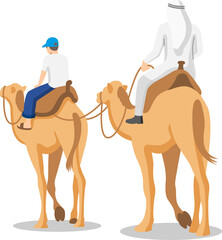 Man and child riding camel in the desert,  illustrator design and isolated background.