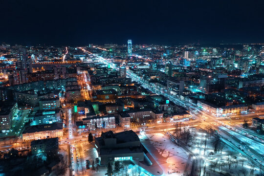 Aerial view of a historic building with night illumination in the center of Yekaterinburg. Russia © ArtEvent ET