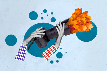 Collage photo of hands abstact hold paparazzi photocamera gadget photographer video record leaves autumn season isolated on painted blue backgroud