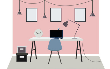 Workplace or study room interior with screen monitor on a desk and printer set up. flat vector illustration.
