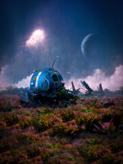 Retro styled space artwork illustration. Space wreck.