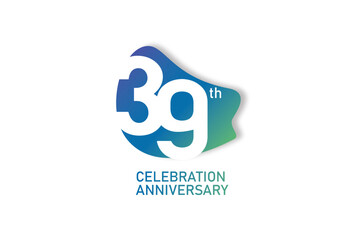 Naklejka premium 39 year anniversary celebration fun style logotype. anniversary white logo with green blue color isolated on red background, vector design for celebration, invitation and greeting card - Vector