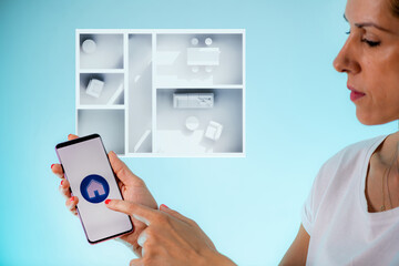 Smart Home. Woman controlling smart home application on mobile phone. 3d model in the background.