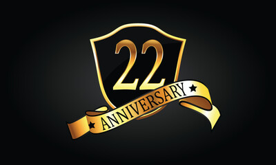 22 year anniversary logo with golden shield and ribbon. Dark elegant concept anniversary. 22nd Anniversary celebration background. twenty-second anniversary banner vector