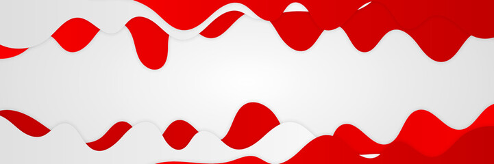 Abstract red banner background with wavy lines, square, circle, sphere, hexagon, and texture