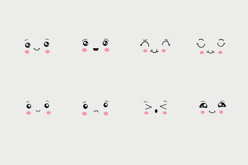 Kawaii, cute emoji icons set, Hand drawn emotional cartoon characters. Cute funny emotions