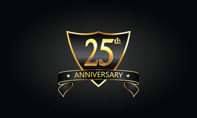 25 year anniversary logo with golden shield and ribbon. Dark concept anniversary. 25th Anniversary celebration background. twenty-fifth anniversary banner vector