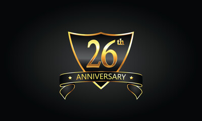 26 year anniversary logo with golden shield and ribbon. Dark concept anniversary. 26th Anniversary celebration background. twenty-sixth anniversary banner vector
