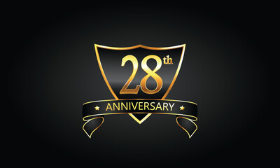28 year anniversary logo with golden shield and ribbon. Dark concept anniversary. 28th Anniversary celebration background. twenty-eight anniversary banner vector