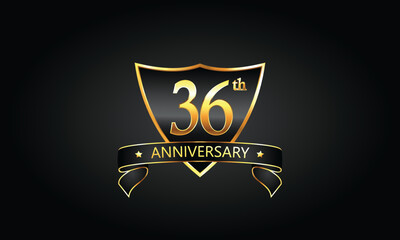 36 year anniversary logo with golden shield and ribbon. Dark concept anniversary. 36th Anniversary celebration background. thirty-sixth anniversary banner vector