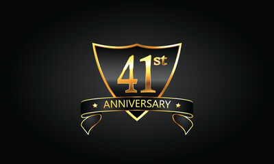 41 year anniversary logo with golden shield and ribbon. Dark concept anniversary. 41st Anniversary celebration background. forty-first anniversary banner vector