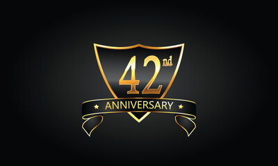 42 year anniversary logo with golden shield and ribbon. Dark concept anniversary. 42nd Anniversary celebration background. forty-second anniversary banner vector