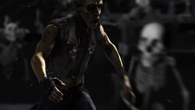 Creepy seamless animation of a punk zombie running in a forest at night. Halloween background closeup of a terror killer character 