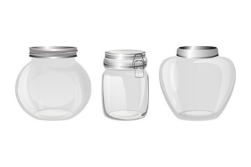 Set of vector empty glass jars with lids. Vector illustration
