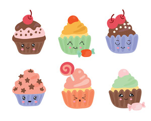 Delicious cupcakes in kawaii style. Dessert vector illustration design