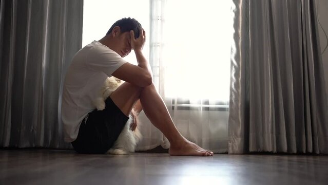  Man sit Depression Dark haired  pensive glance Standing by window and anxiety Copy space. .