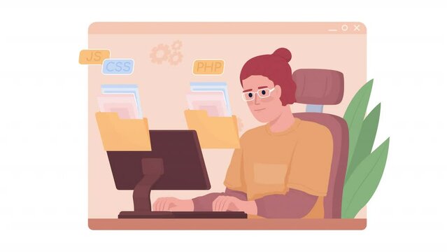 Animated isolated study programming. Learning coding languages. Looped flat 2D character HD video footage with alpha channel. Colorful animation on transparent background for website, social media