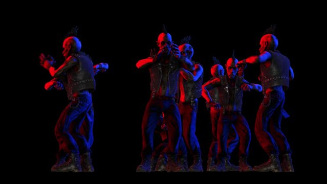 Funny seamless animation of a band of punk zombie dancing with color lights. Halloween background of a terror killer character isolated with alpha channel