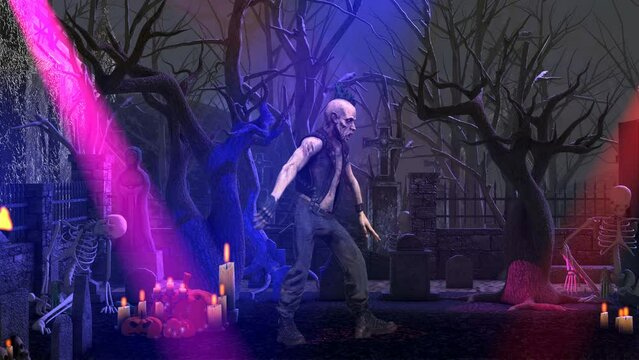 Seamless animation of a punk zombie dancing hip hop in a graveyard party. Funny cartoon character for Halloween background.