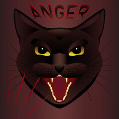 Vector muzzle of a black cat inscription anger. The black cat hisses. For print and web.