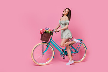 Full length profile photo of sweet lady ride bicycle wear printed dress isolated on pink color background