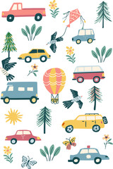 Vector seamless pattern for kids designs with cars, air balloon, birds, trees and flowers.