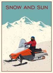 Fotobehang Skier rides a powerful snowmobile against the background of snow-capped mountains. Vector poster. © pgmart