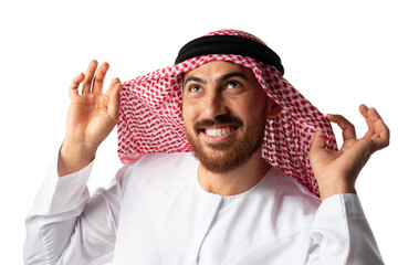 Portrait of smiling young Arab man on white background