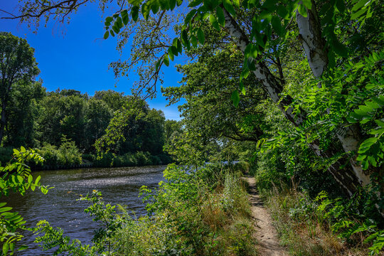 Wanderweg am sommerlichen Nordufer des Teltowkanal zwischen Kleinmachnow und Kohlhasenbrueck